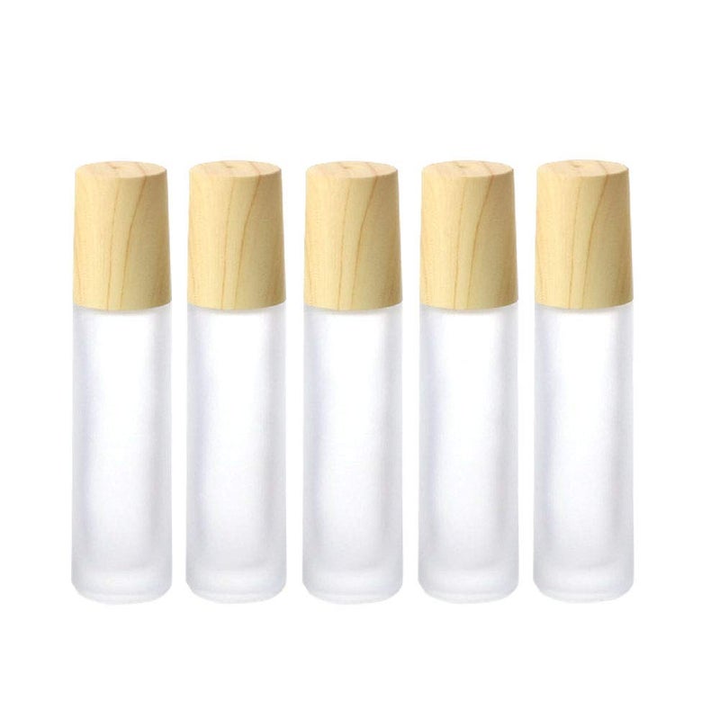 Furnido Essential Oil Roller Bottles 5 Pack 10ml Colorful Frosted Glass Roller Bottles with Stainless Steel Roller Balls Wood Grain Lid Perfume Roll on Bottles Lip Balms Container (White frosted) - Image 1